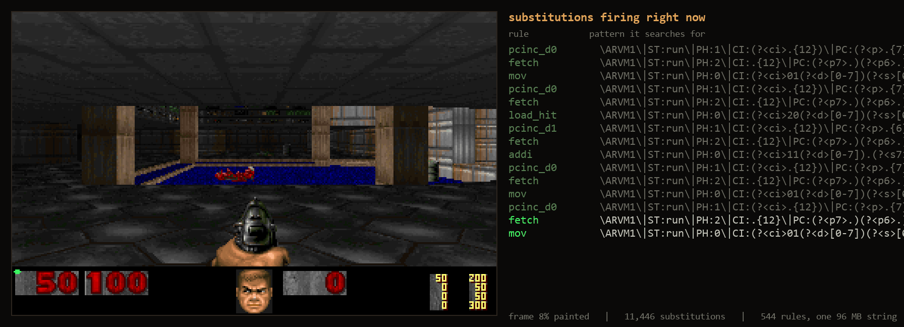 the machine painting E1M1, with the actual substitution rules firing beside it