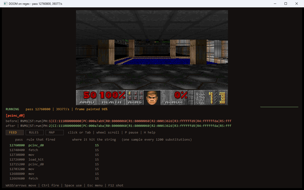 the downloadable viewer: a frame being painted, next to the feed of rules that fired